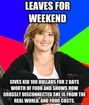 LEAVES FOR WEEKEND GIVES KID 100 DOLLARS FOR 2 DAYS WORTH OF FOOD AND SHOWS HOW GROSSLY DISCONNECTED SHE IS FROM THE REAL WORLD, AND FOOD COSTS. - LEAVES FOR WEEKEND GIVES KID 100 DOLLARS FOR 2 DAYS WORTH OF FOOD AND SHOWS HOW GROSSLY DISCONNECTED SHE IS FROM THE REAL WORLD, AND FOOD COSTS.  Sheltering Suburban Mom