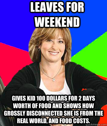 LEAVES FOR WEEKEND GIVES KID 100 DOLLARS FOR 2 DAYS WORTH OF FOOD AND SHOWS HOW GROSSLY DISCONNECTED SHE IS FROM THE REAL WORLD, AND FOOD COSTS.  Sheltering Suburban Mom