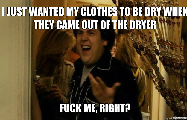 I just wanted my clothes to be dry when they came out of the dryer FUCK ME, RIGHT?  fuck me right