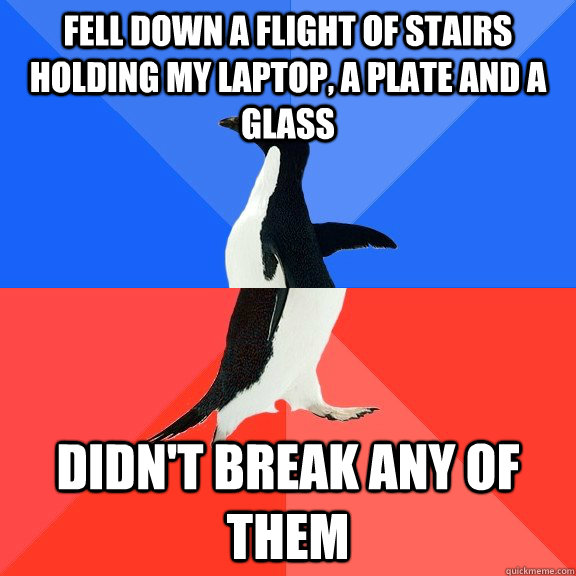 Fell down a flight of stairs holding my laptop, a plate and a glass Didn't break any of them   Socially Awkward Awesome Penguin