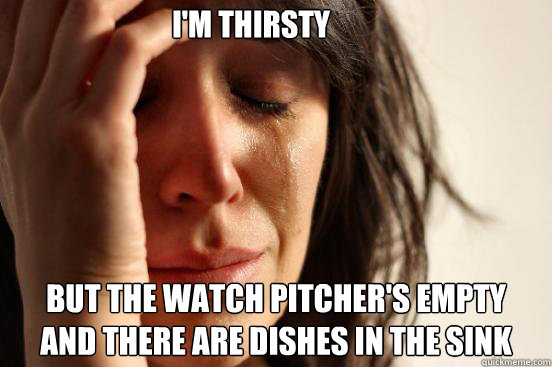 i'm thirsty but the watch pitcher's empty
and there are dishes in the sink  First World Problems