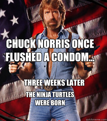 Chuck Norris once flushed a condom... three weeks later  the ninja turtles were born  