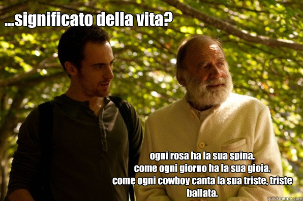 ...significato della vita? ogni rosa ha la sua spina. 
come ogni giorno ha la sua gioia.
come ogni cowboy canta la sua triste, triste ballata.  