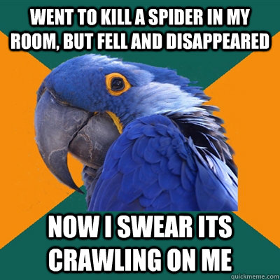 went to kill a spider in my room, but fell and disappeared now i swear its crawling on me  Paranoid Parrot