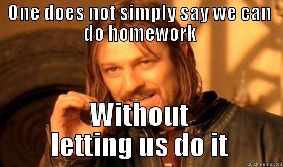 ONE DOES NOT SIMPLY SAY WE CAN DO HOMEWORK WITHOUT LETTING US DO IT Boromir