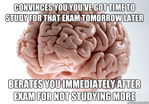 Convinces you you've got time to study for that exam tomorrow later Berates you immediately after exam for not studying more  Scumbag Brain