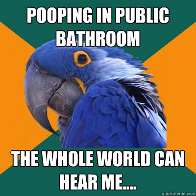 Pooping in public bathroom The whole world can hear me....  Paranoid Parrot
