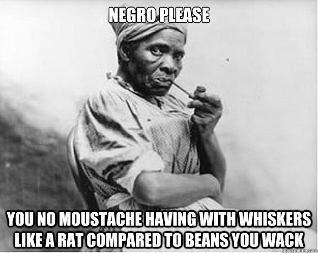 negro please you no moustache having with whiskers like a rat compared to beans you wack  Unimpressed Slave