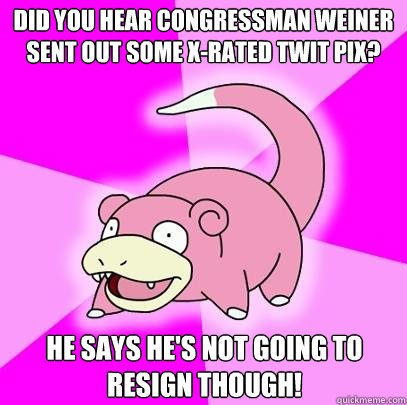 Did you hear Congressman Weiner sent out some x-rated twit pix? He says he's not going to resign though!  Slowpoke