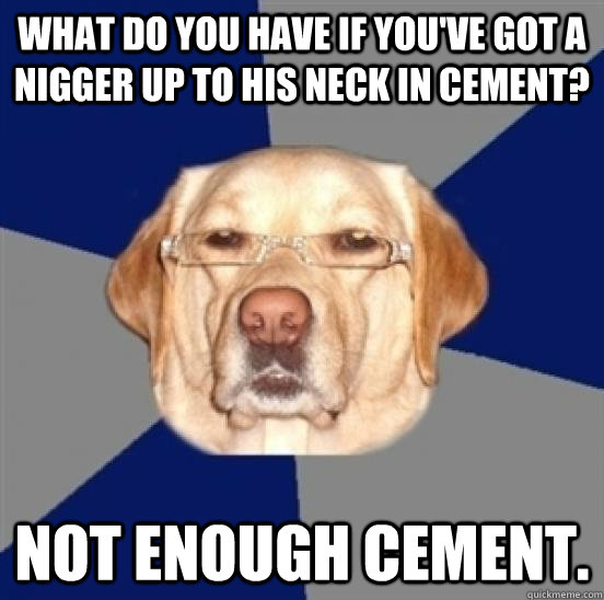 What do you have if you've got a nigger up to his neck in cement? Not enough cement.  Racist Dog