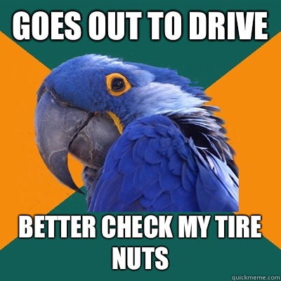 Goes out to drive Better check my tire nuts  Paranoid Parrot