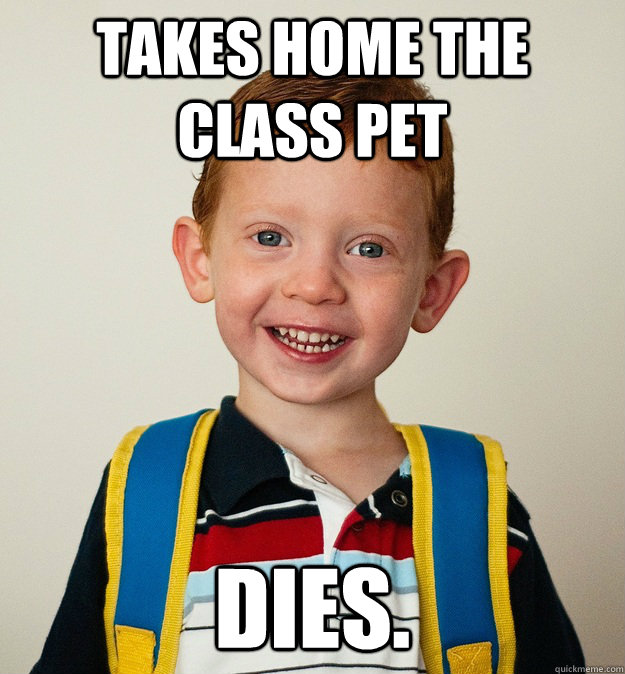 Takes home the class pet DIES.   Pre-School Freshman