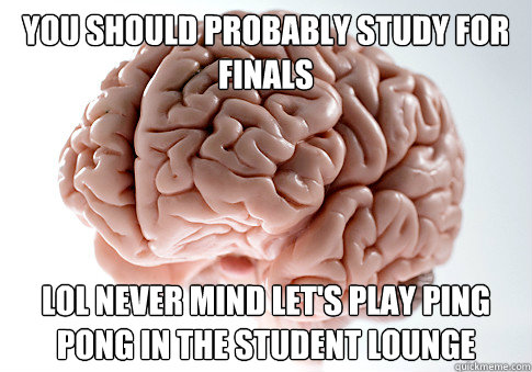 You should probably study for finals lol never mind let's play ping pong in the student lounge  Scumbag Brain