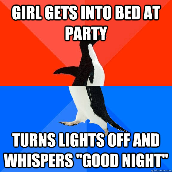 girl gets into bed at party turns lights off and whispers 