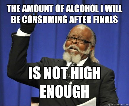 The amount of alcohol I will be consuming after finals Is not high enough - The amount of alcohol I will be consuming after finals Is not high enough  Too Damn High