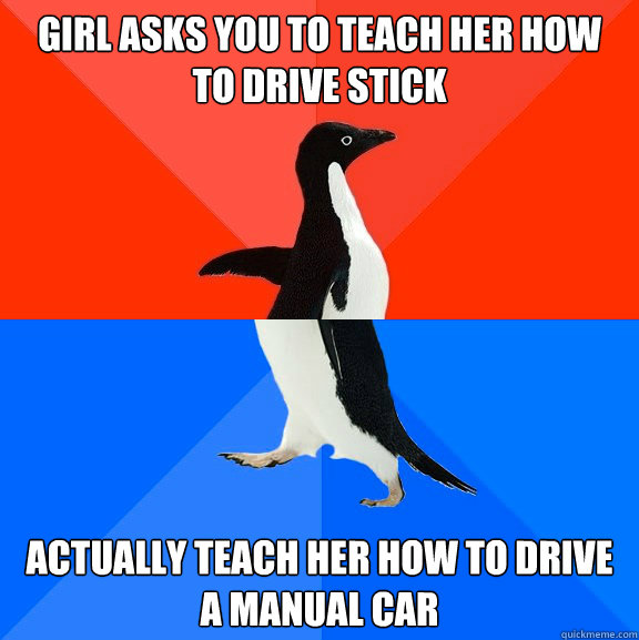 Girl asks you to teach her how to drive stick Actually teach her how to drive a manual car - Girl asks you to teach her how to drive stick Actually teach her how to drive a manual car  Socially Awesome Awkward Penguin