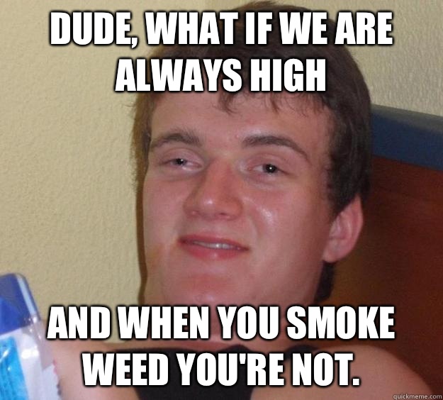 Dude, what if we are always high and when you smoke weed you're not.  10 Guy
