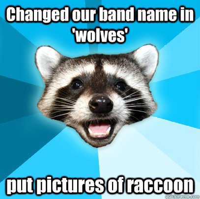 Changed our band name in 'wolves' put pictures of raccoon  Lame Pun Coon