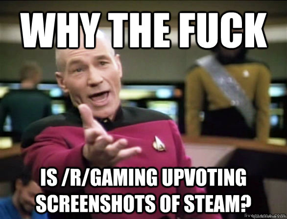why the fuck is /r/gaming upvoting screenshots of steam?  Annoyed Picard HD