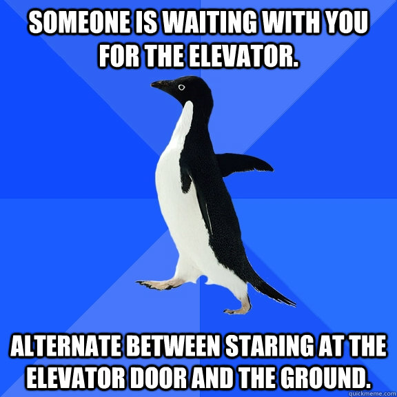someone is waiting with you for the elevator. alternate between staring at the elevator door and the ground.  Socially Awkward Penguin