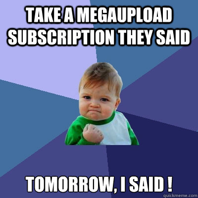 Take a Megaupload subscription they said Tomorrow, I said !  Success Kid