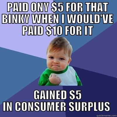 PAID ONY $5 FOR THAT BINKY WHEN I WOULD'VE PAID $10 FOR IT GAINED $5 IN CONSUMER SURPLUS  Success Kid