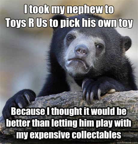 I took my nephew to 
Toys R Us to pick his own toy Because I thought it would be better than letting him play with my expensive collectables  Confession Bear