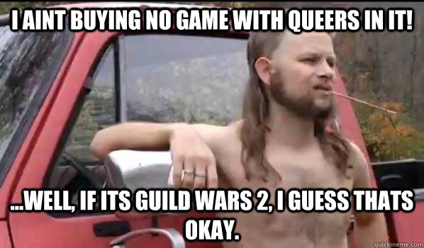I AINT BUYING NO GAME WITH QUEERS IN IT! ...well, if its guild wars 2, i guess thats okay.  Almost Politically Correct Redneck