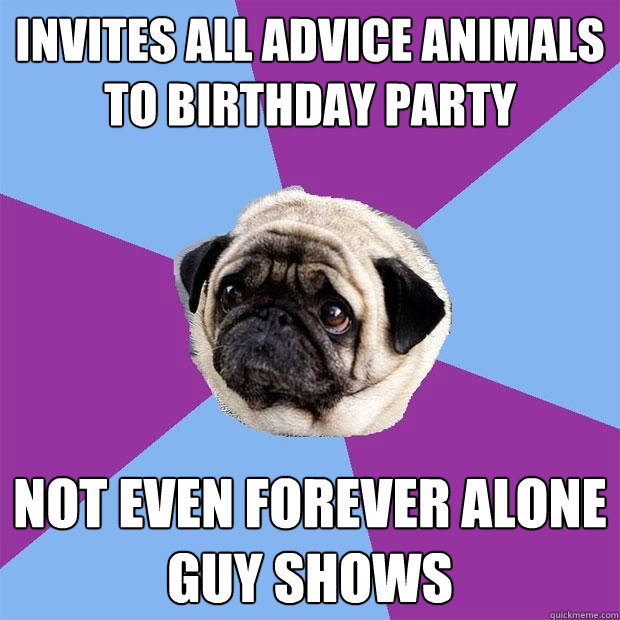 Invites all advice animals to birthday party not even forever alone guy shows - Invites all advice animals to birthday party not even forever alone guy shows  Lonely Pug