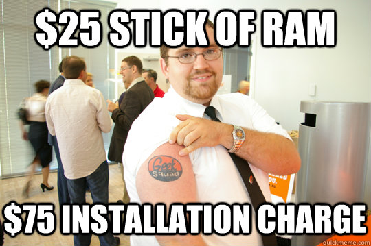 $25 stick of RAM $75 installation charge - $25 stick of RAM $75 installation charge  GeekSquad Gus