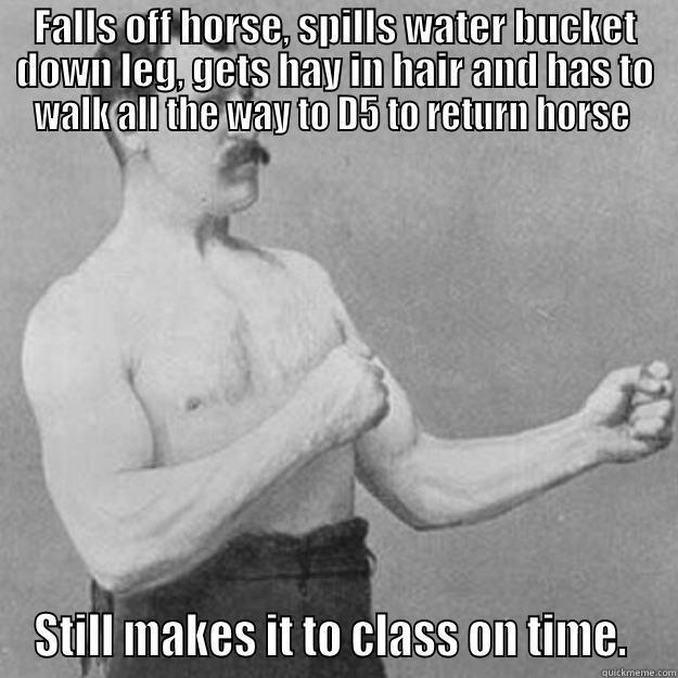 FALLS OFF HORSE, SPILLS WATER BUCKET DOWN LEG, GETS HAY IN HAIR AND HAS TO WALK ALL THE WAY TO D5 TO RETURN HORSE  STILL MAKES IT TO CLASS ON TIME.  overly manly man