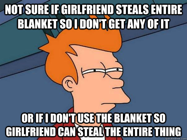 Not sure if girlfriend steals entire blanket so I don't get any of it Or if I don't use the blanket so girlfriend can steal the entire thing - Not sure if girlfriend steals entire blanket so I don't get any of it Or if I don't use the blanket so girlfriend can steal the entire thing  Futurama Fry