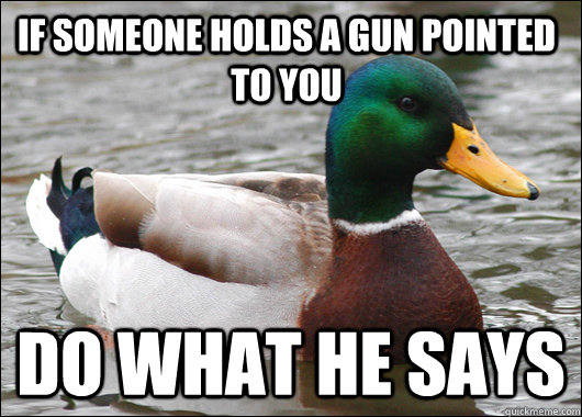 if someone holds a gun pointed to you do what he says  Actual Advice Mallard