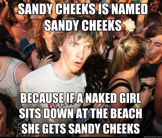 Sandy Cheeks is named 
sandy Cheeks  because if a naked girl 
sits down at the beach 
she gets sandy cheeks - Sandy Cheeks is named 
sandy Cheeks  because if a naked girl 
sits down at the beach 
she gets sandy cheeks  SUDDEN REALISATION
