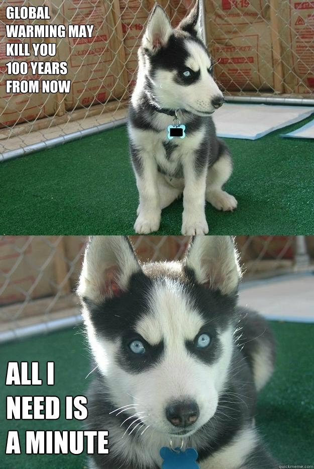 global 
warming may
kill you
100 years
from now all i
need is
a minute  Insanity puppy