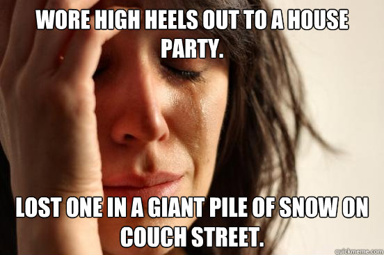 Wore high heels out to a house party.  lost one in a giant pile of snow on couch street.  First World Problems