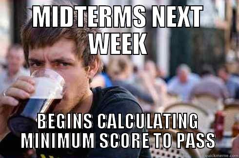 MIDTERMS NEXT WEEK BEGINS CALCULATING MINIMUM SCORE TO PASS Lazy College Senior