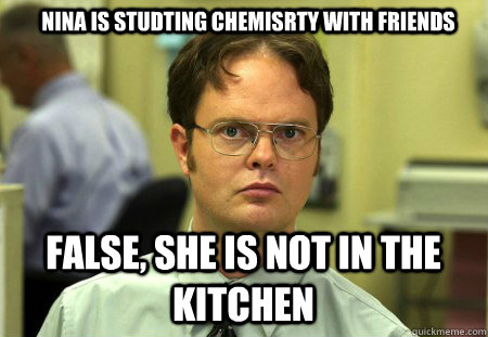 nina is studting chemisrty with friends False, she is not in the kitchen  Schrute