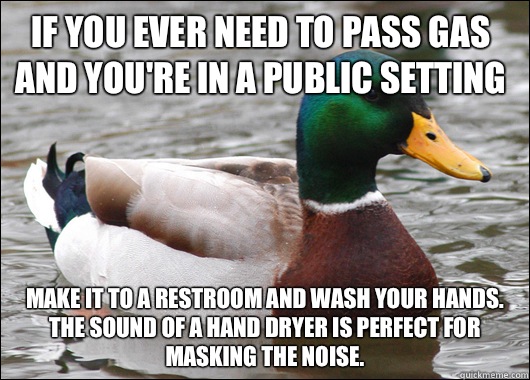 If you ever need to pass gas and you're in a public setting Make it to a restroom and wash your hands. The sound of a hand dryer is perfect for masking the noise.  Actual Advice Mallard