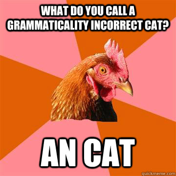 What do you call a grammaticality incorrect cat? An cat  Anti-Joke Chicken