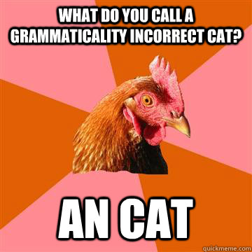 What do you call a grammaticality incorrect cat? An cat  Anti-Joke Chicken