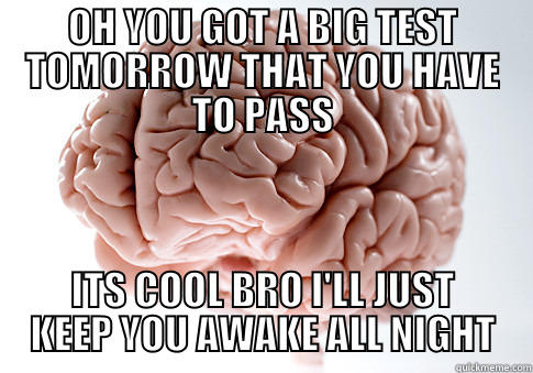 OH YOU GOT A BIG TEST TOMORROW THAT YOU HAVE TO PASS ITS COOL BRO I'LL JUST KEEP YOU AWAKE ALL NIGHT Scumbag Brain