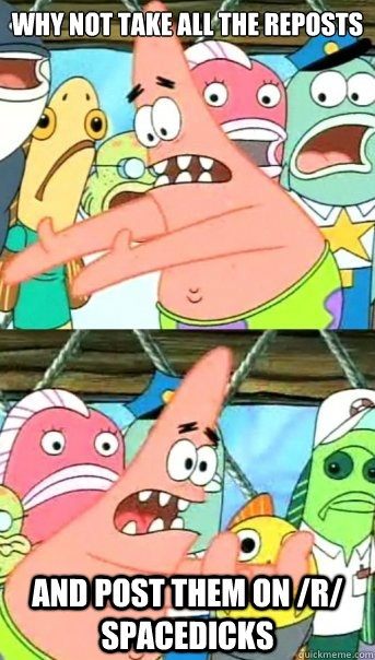 WHY NOT TAKE ALL THE REPOSTS 
  and post them on /r/ spacedicks  Push it somewhere else Patrick