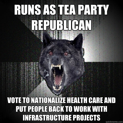 Runs as Tea Party Republican Vote to nationalize health care and put people back to work with infrastructure projects   Insanity Wolf