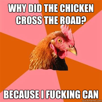 why did the chicken cross the road? because i fucking can  Anti-Joke Chicken
