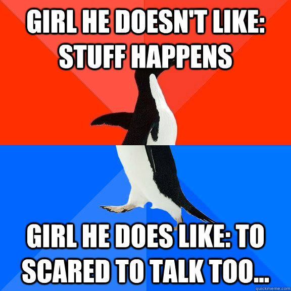 Girl He Doesn't like: STuff happens Girl he does like: To scared to talk too...  Socially Awesome Awkward Penguin