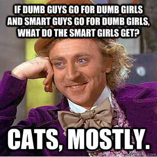 If dumb guys go for dumb girls and smart guys go for dumb girls, what do the smart girls get? Cats, mostly. - If dumb guys go for dumb girls and smart guys go for dumb girls, what do the smart girls get? Cats, mostly.  Condescending Wonka