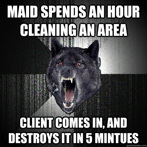 Maid Spends an hour cleaning an area Client comes in, and destroys it in 5 mintues - Maid Spends an hour cleaning an area Client comes in, and destroys it in 5 mintues  Insanity Wolf