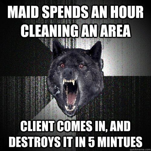 Maid Spends an hour cleaning an area Client comes in, and destroys it in 5 mintues  Insanity Wolf