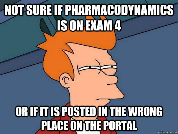 Not sure if pharmacodynamics is on exam 4 or if it is posted in the wrong place on the portal   Futurama Fry